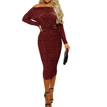 Sexy Bodycon Bare Shoulder Long Sleeves Bling Sequined Lady Club Dress